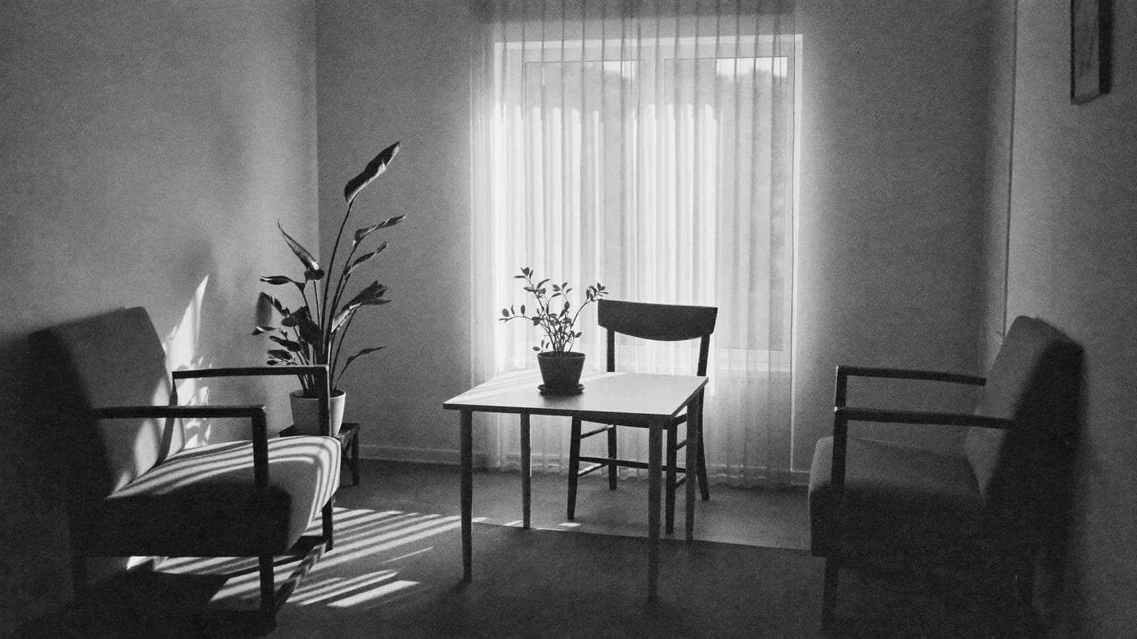 A quiet consultation room with two chairs and sheer curtains in daylight